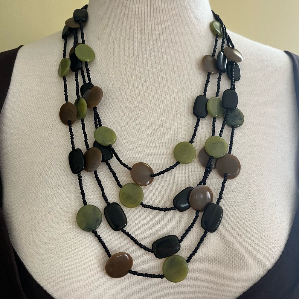 Elegant Multi-Strand Necklace with Black, Green, and Brown Beads